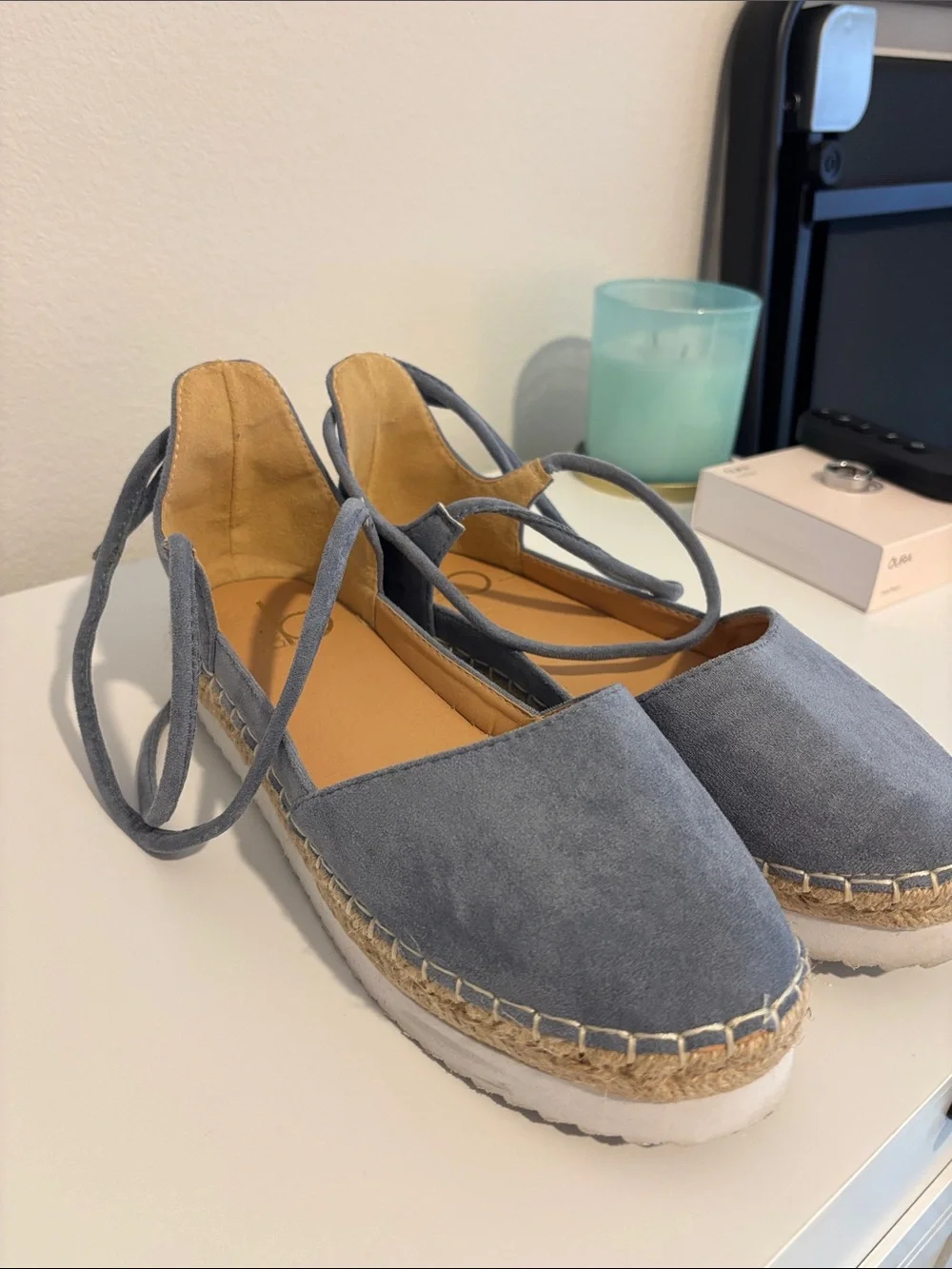 Womens Blue Espadrille Lace-Up Flats